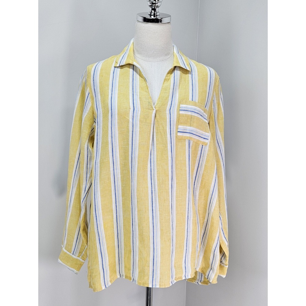 J Jill Love Linen Yellow‎ Blue Striped Tunic Blouse Petite Medium